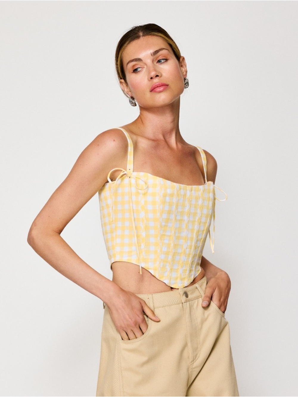 Line & Dot Juni Corset Yellow Gingham Tie-Strap Top